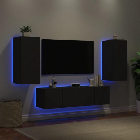 Unités murales TV avec LED 4 pcs noir bois d'ingénierie