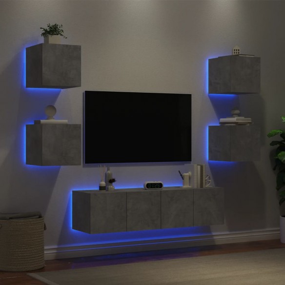 Unités murales TV avec LED 6 pcs gris béton bois d'ingénierie