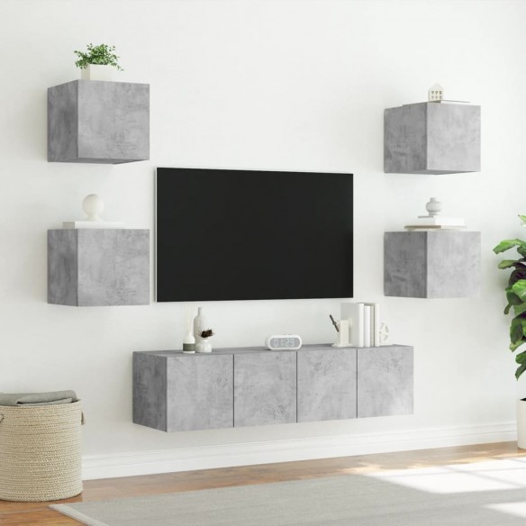 Unités murales TV avec LED 6 pcs gris béton bois d'ingénierie