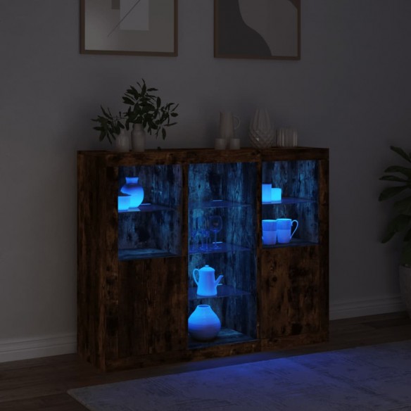 Buffets avec lumières LED 3 pcs chêne fumé bois d'ingénierie