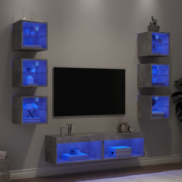 Unités murales TV avec LED 8 pcs gris béton bois d'ingénierie