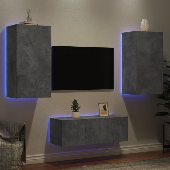 Unités murales TV avec LED 4 pcs gris béton bois d'ingénierie