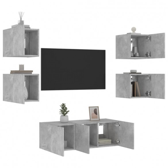 Unités murales TV avec LED 6 pcs gris béton bois d'ingénierie