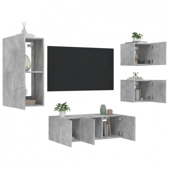Unités murales TV avec LED 5 pcs gris béton bois d'ingénierie