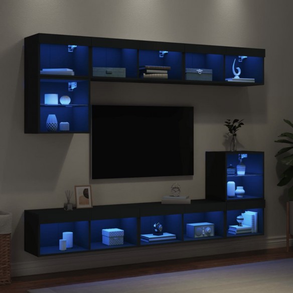 Unités murales TV avec LED 8 pcs noir bois d'ingénierie
