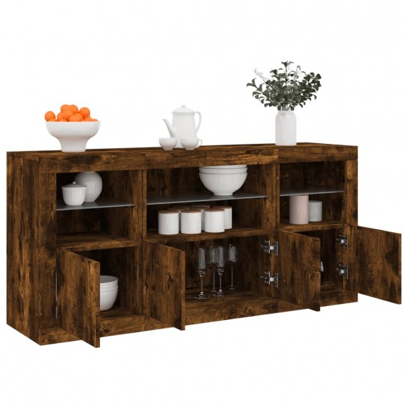 Buffet avec lumières LED chêne fumé 142,5x37x67 cm