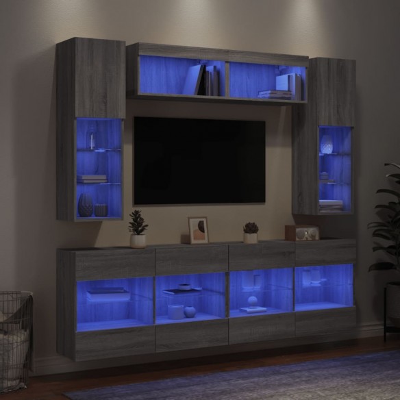 Ensemble de meubles TV muraux 6pcs et lumières LED sonoma gris