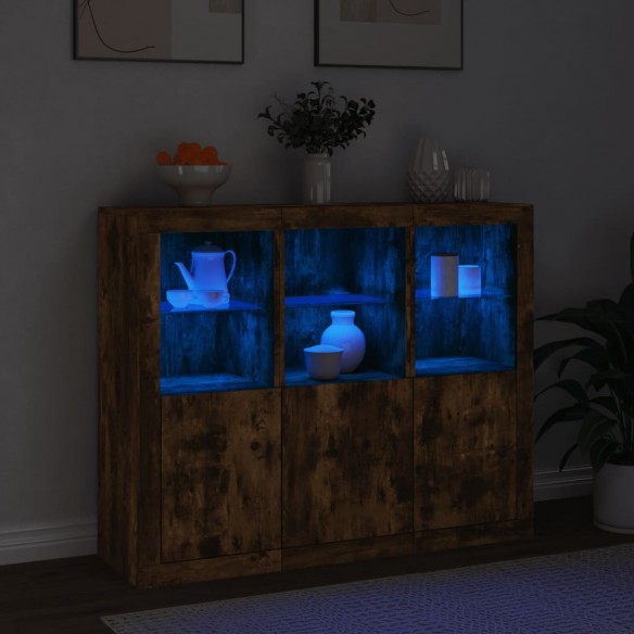 Buffets avec lumières LED 3 pcs chêne fumé bois d'ingénierie