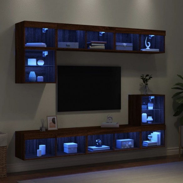 Unités murales TV avec LED 8 pcs chêne marron bois d'ingénierie
