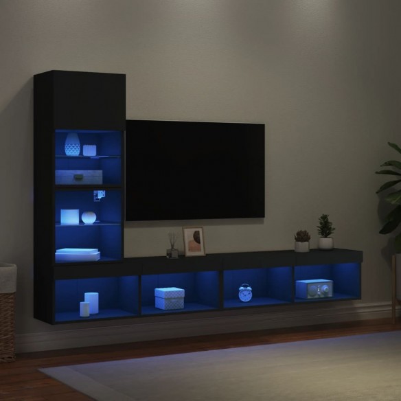 Unités murales TV avec LED 4 pcs noir bois d'ingénierie