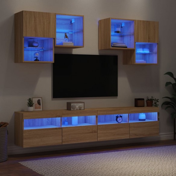 Ensemble de meubles TV muraux 6pcs et lumières LED chêne sonoma