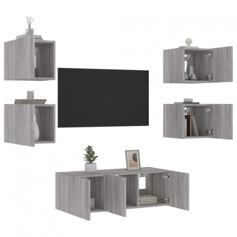 Unités murales TV avec LED 6 pcs gris sonoma bois d'ingénierie