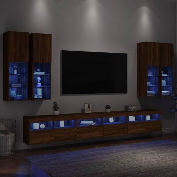 Ensemble de meubles TV muraux 7pcs et lumières LED chêne marron