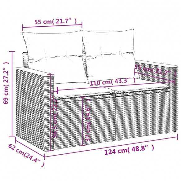 Canapé de jardin avec coussins 2 places beige résine tressée