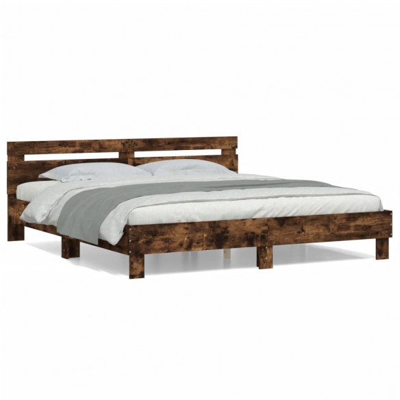 Cadre de lit avec tête de lit chêne fumé 200x200 cm