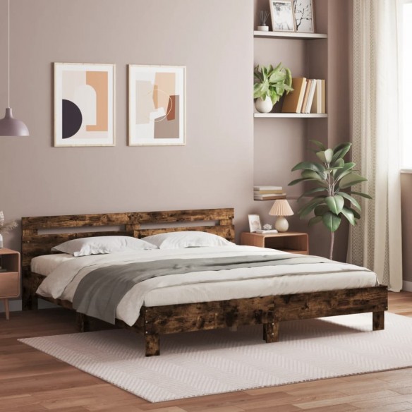Cadre de lit avec tête de lit chêne fumé 200x200 cm