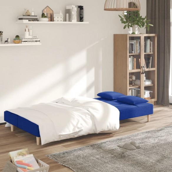 Canapé-lit à 2 places avec deux oreillers bleu tissu