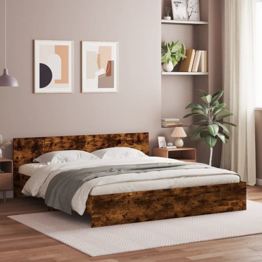 Cadre de lit avec tête de lit chêne fumé 160x200 cm