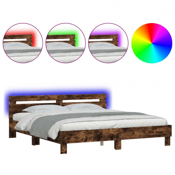 Cadre de lit avec tête de lit et LED chêne fumé 200x200 cm
