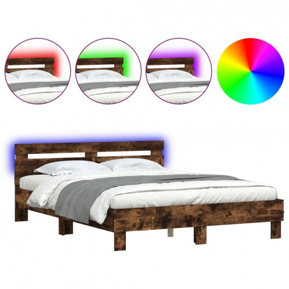 Cadre de lit avec tête de lit et LED chêne fumé 150x200 cm