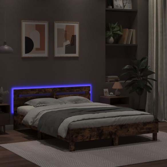 Cadre de lit avec tête de lit et LED chêne fumé 150x200 cm