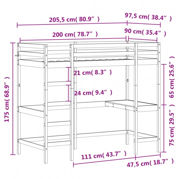 Lit superposé avec bureau blanc 90x200 cm bois de pin massif