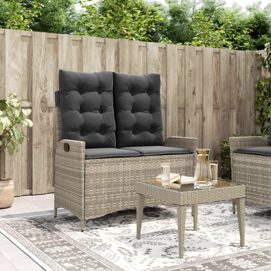 Banc inclinable de jardin et coussins gris clair résine tressée