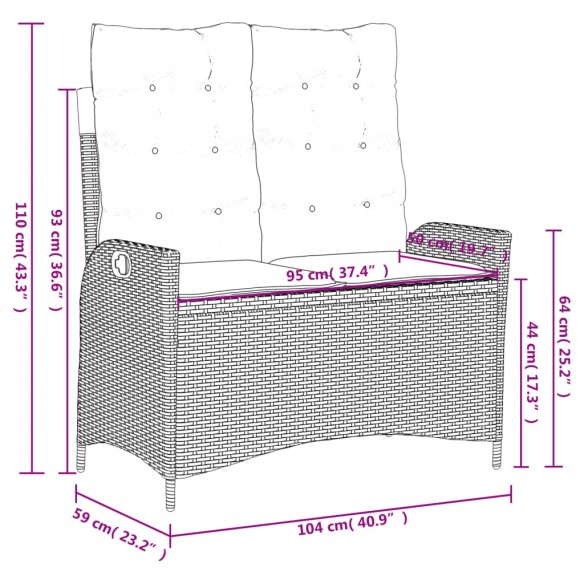 Banc inclinable de jardin et coussins gris clair résine tressée