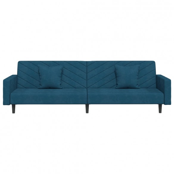 Canapé-lit à 2 places avec deux oreillers bleu velours