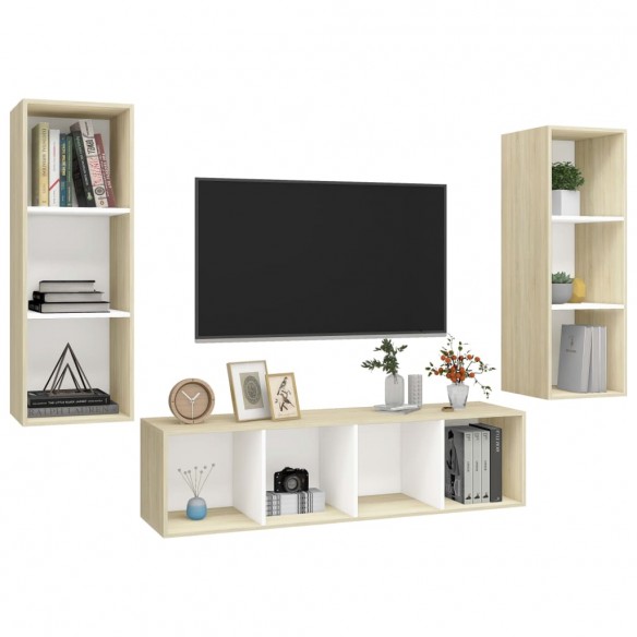 Ensemble de meuble TV 3 pcs Blanc et chêne sonoma Aggloméré