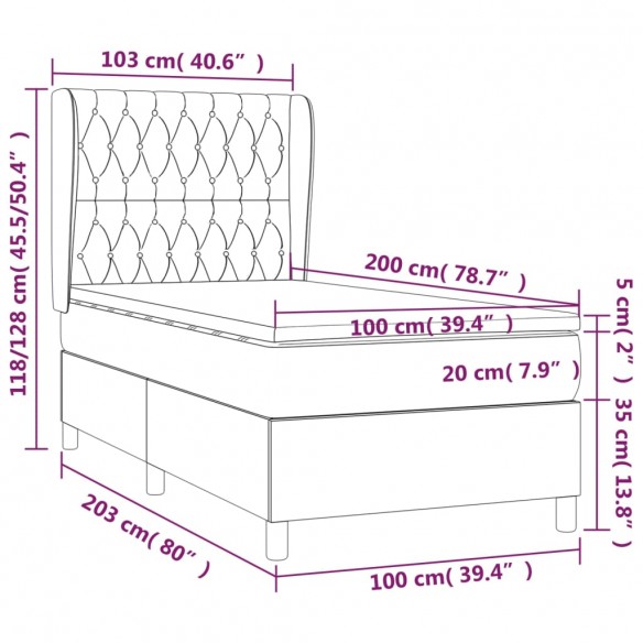 Cadre de lit et matelas Gris clair 100x200cm Velours