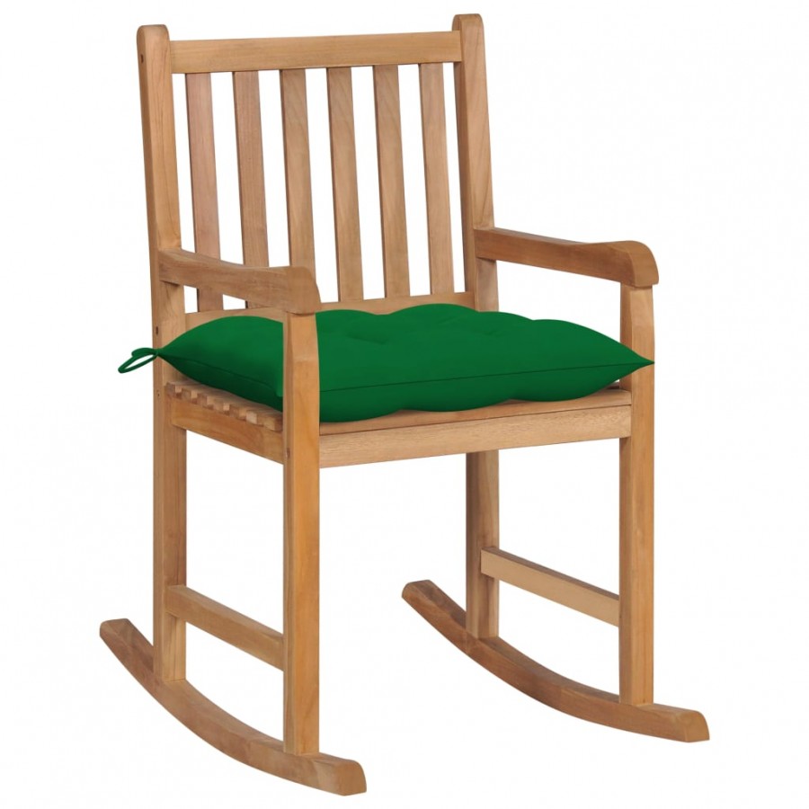 Chaise à bascule avec coussin vert Bois de teck solide