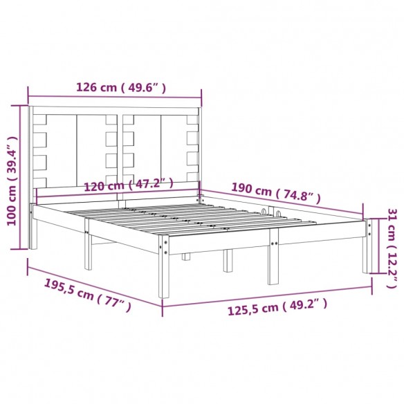 Cadre de lit Marron miel Bois massif 120x190 cm Petit Double