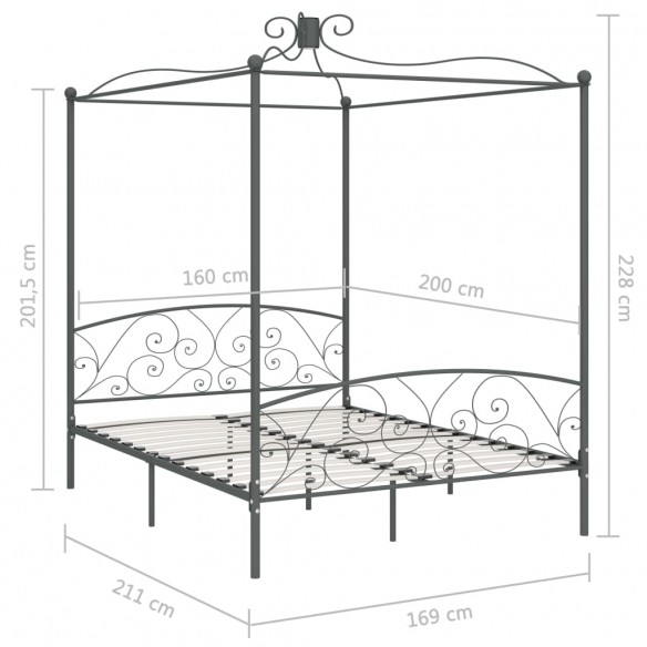 Cadre de lit à baldaquin Gris Métal 160 x 200 cm