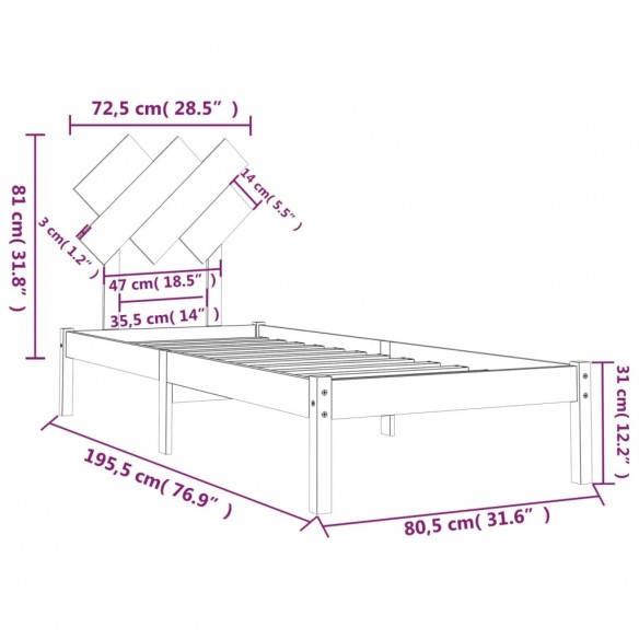 Cadre de lit 75x190 cm Petit simple Bois massif