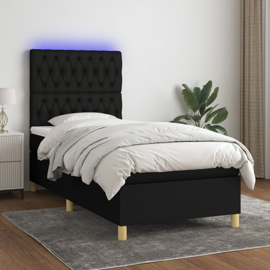 Sommier à lattes de lit et matelas et LED Noir 90x190 cm Tissu