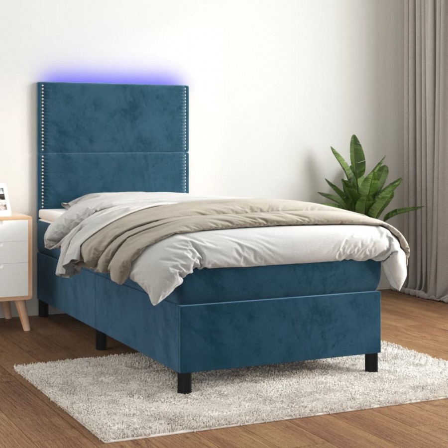 Sommier à lattes de lit avec matelas et LED Bleu foncé 90x190cm