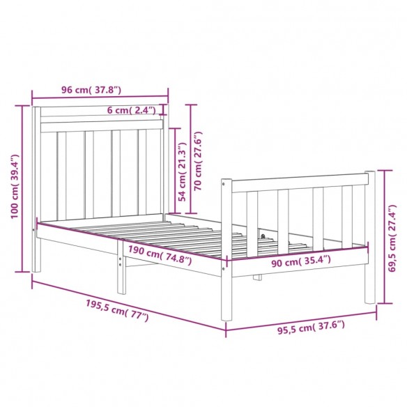 Cadre de lit Noir Bois massif 90x190 cm Simple