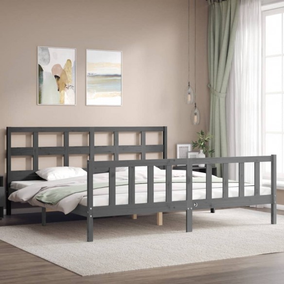 Cadre de lit avec tête de lit gris Super King bois massif