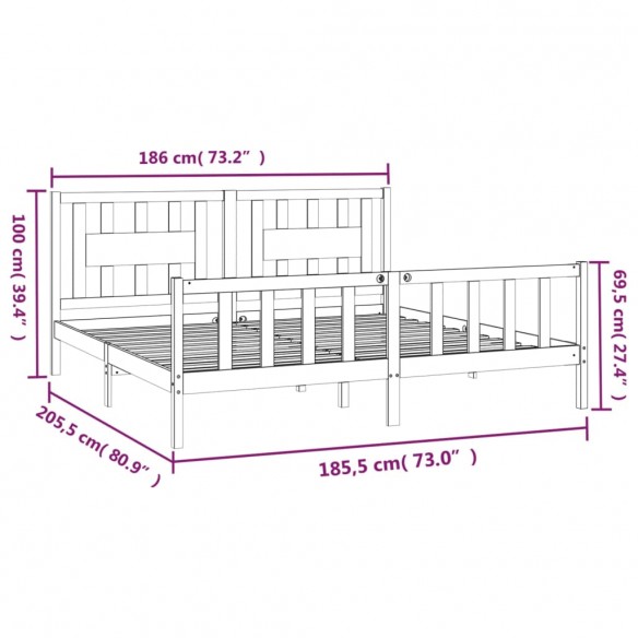 Cadre de lit avec tête de lit gris bois pin massif 180x200 cm