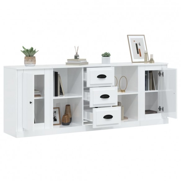 Buffets 3 pcs blanc brillant bois d'ingénierie