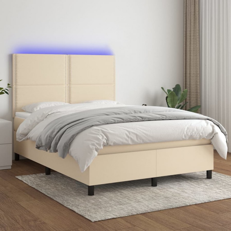 Cadre de lit et matelas et LED Crème 140x200cm Tissu