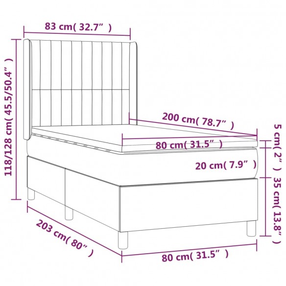 Cadre de lit et matelas Noir 80x200 cm Tissu