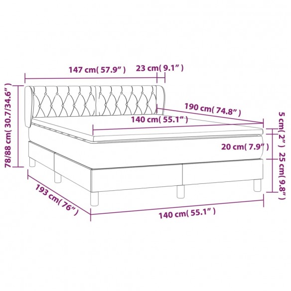 Cadre de lit avec matelas Bleu 140x190 cm Tissu