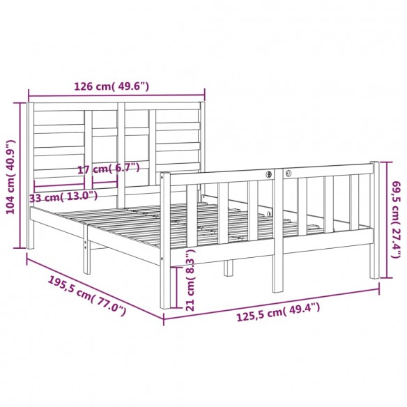 Cadre de lit Noir Bois massif 120x190 cm Petit Double