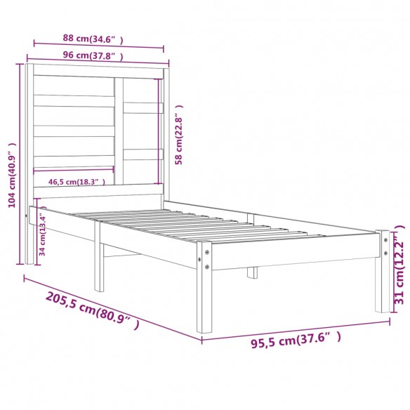 Cadre de lit Bois massif 90x200 cm