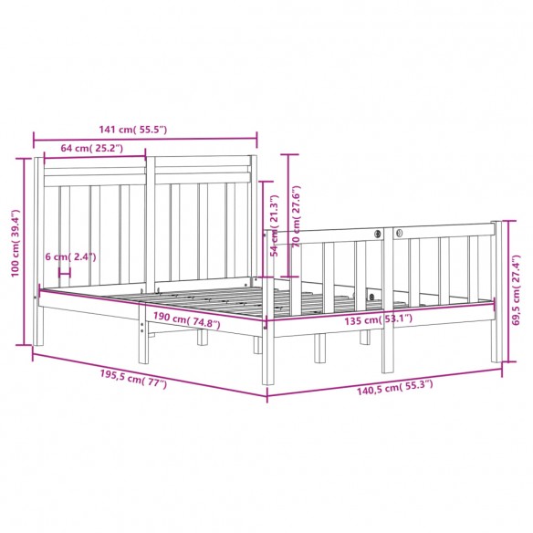 Cadre de lit Blanc Bois massif 135x190 cm Double