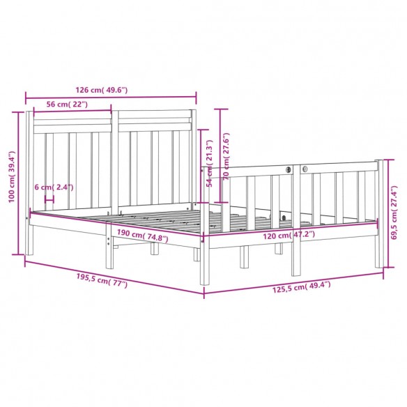 Cadre de lit Noir Bois massif 120x190 cm Petit Double