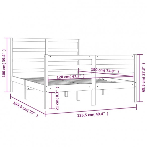 Cadre de lit Marron miel Bois pin massif 120x190cm Petit Double