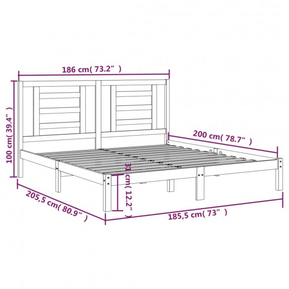 Cadre de lit Gris Bois massif 180x200 cm Super King